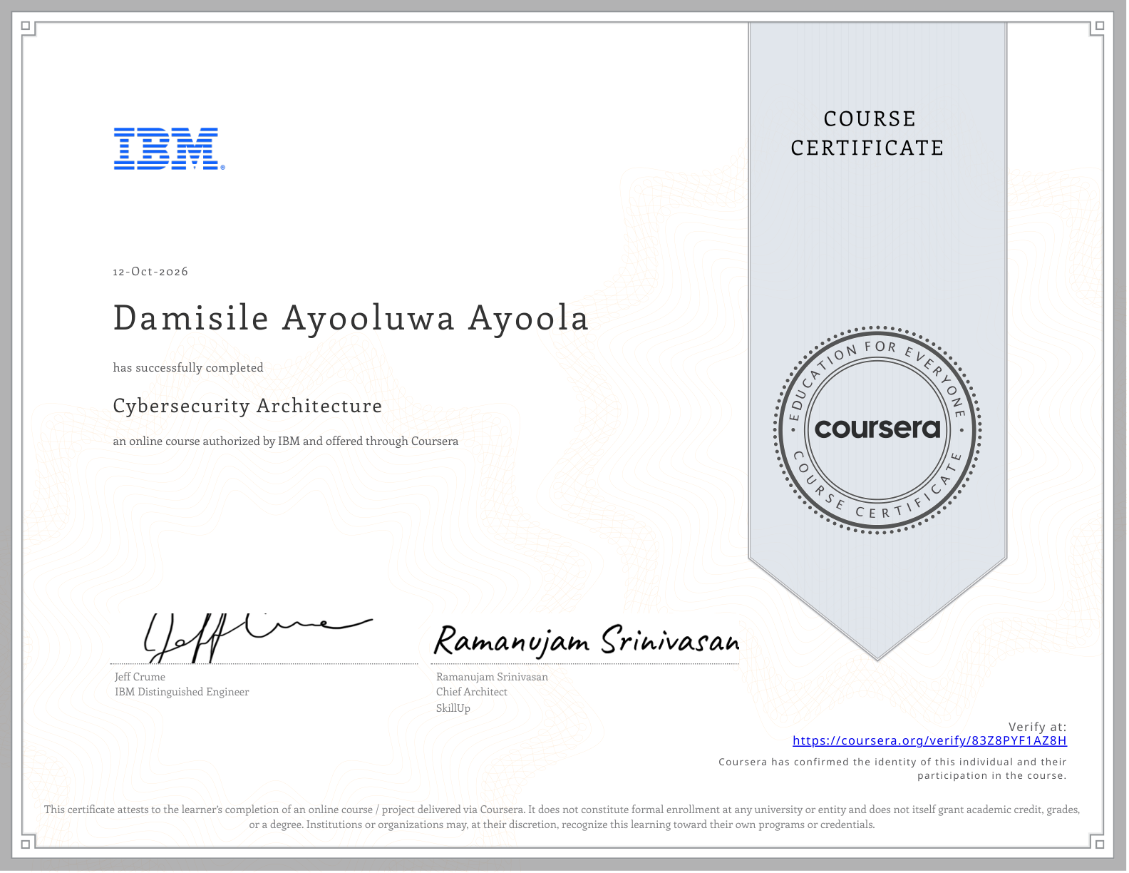 IBM Cybersecurity Architecture certificate